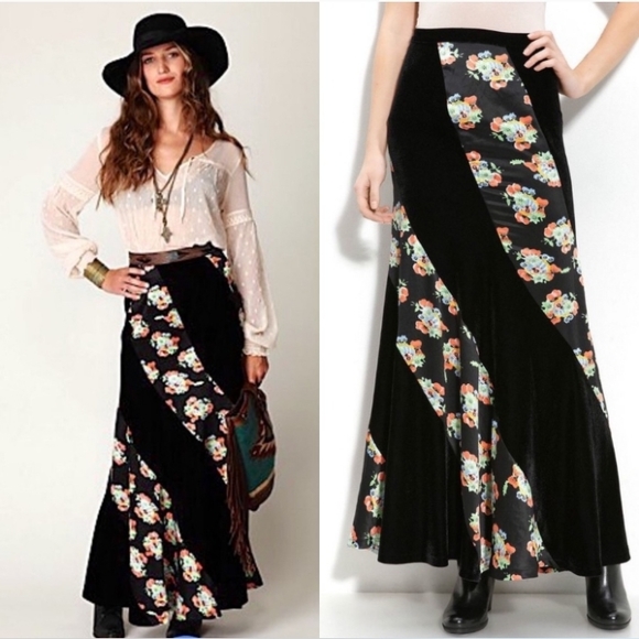 FP Maxi Skirt Twisted Black Velvet Silk Floral Boho Mermaide Style - Picture 1 of 11